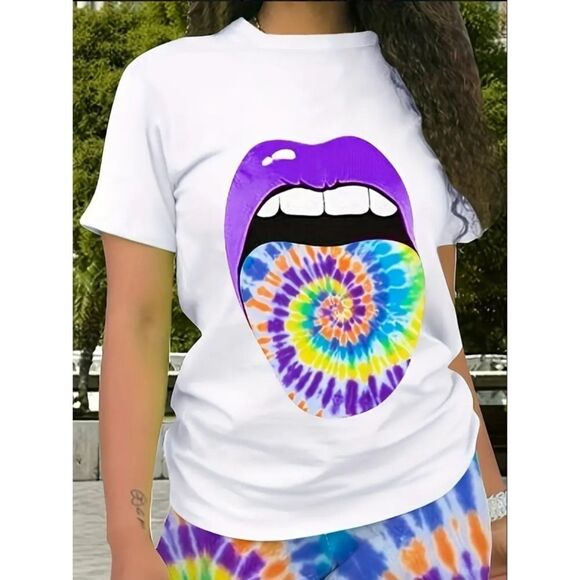Plus Size Lip Print Short Sleeve Tee & Tie Dye Print Shorts Set Sz 4X - Picture 2 of 3